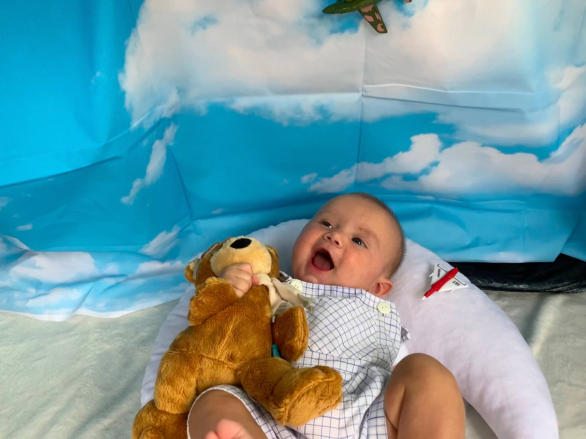 Everest joined the competition — help win amazing prizes! baby, child, cloud, comfort, fun, happy, insect, leisure, linens, person, room, sitting, smile, stuffed_toy, toddler, toy, vacation, winter