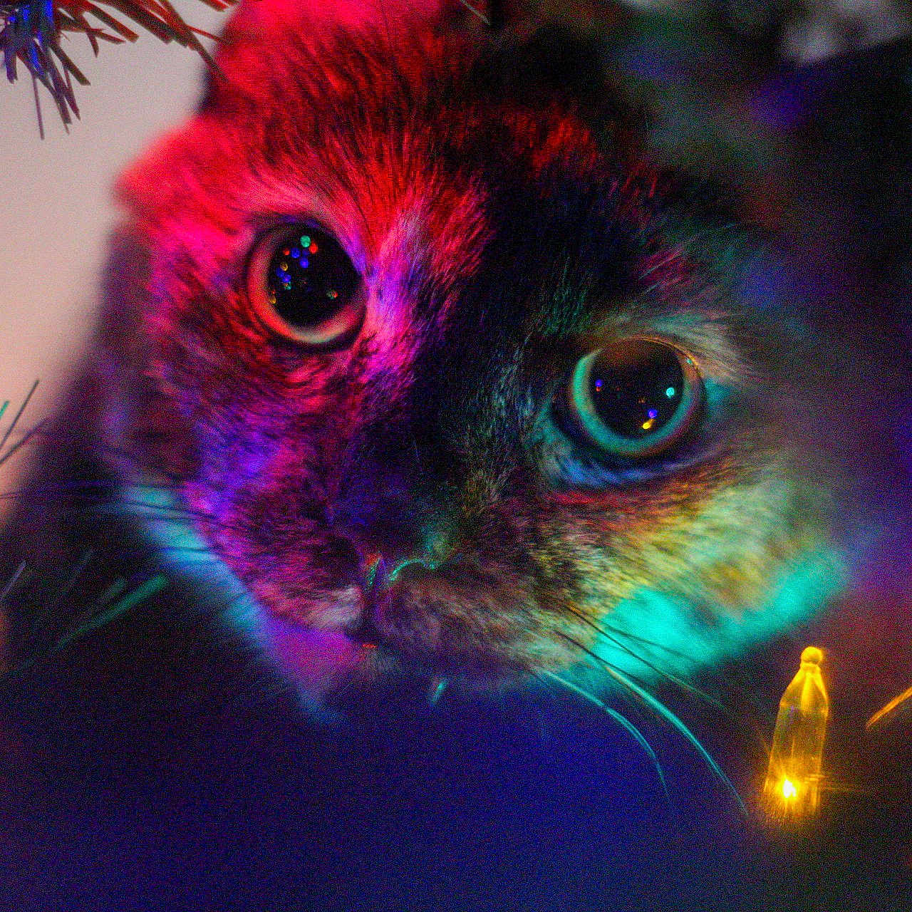 Callie joined the competition — help win amazing prizes! animal, cat, close_up, colorful_lighting, cute, dark_background, eyes, face, festive_lights, fur, glowing, holiday, mystical, night, pet, portrait, reflection, soft_focus, vibrant_colors, whiskers