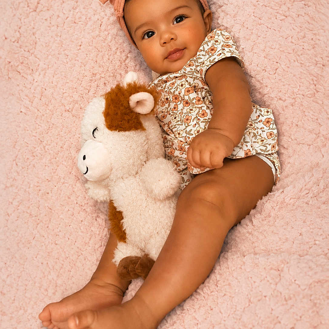 Rose-Mary joined the competition — help win amazing prizes! baby, infant, child, headband, stuffed_animal, plush_toy, blanket, soft_texture, floral_outfit, cute, lying_down, barefoot, smiling, portrait, indoors, skin, face, hands, feet, toddler