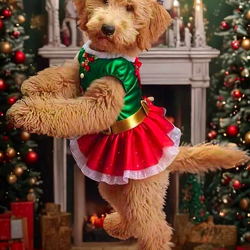 Chloe Sanford is registered to the contest to win money with this photo: accessories, animal, canine, christmas, christmasdecorations, christmastree, christmastreeornaments, clothing, costume, dog, face, festival, head, lighting, person, pet, photography, plant, portrait, puppy