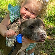 Ricki joined the competition — help win amazing prizes! child, toddler, dog, pitbull, grass, outdoor, sunlight, greenery, bow, curly_hair, sandals, leash, pet, friendship, smiling, summer, nature, play, cute, happy
