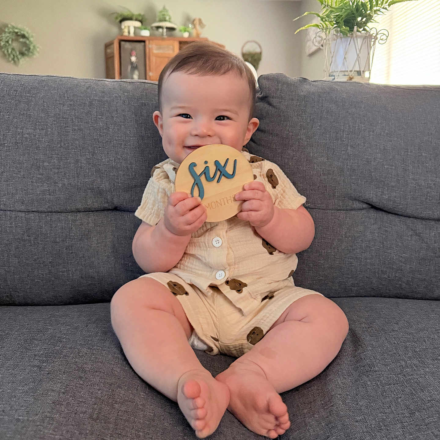 Leo joined the competition — help win amazing prizes! baby, child, smiling, couch, indoor, plaque, wooden, plant, chandelier, curtains, window, home, furniture, infant, happy, person, portrait, sitting, clothing, cute