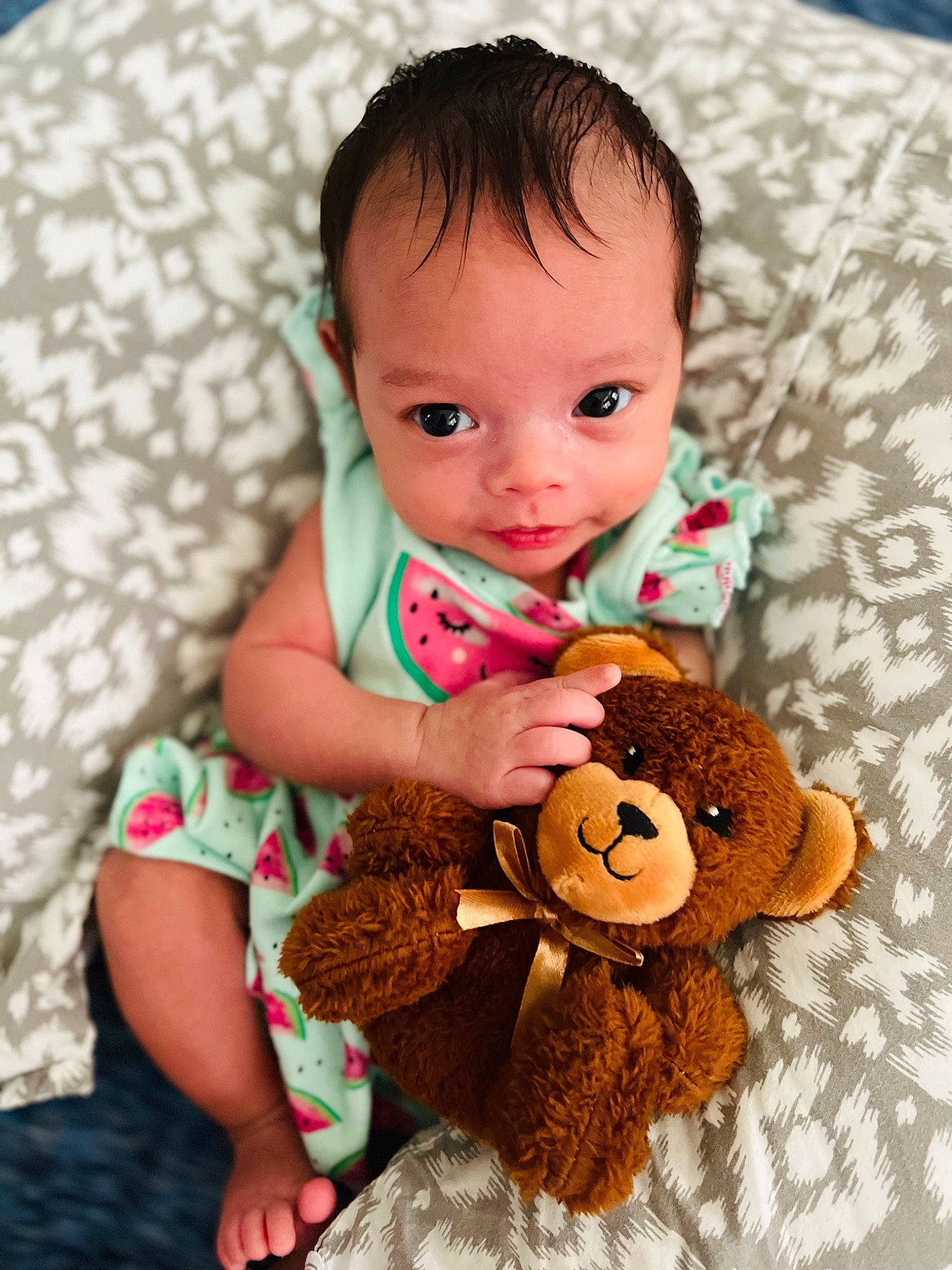 Adelyn joined the competition — help win amazing prizes! baby, baby_playing_with_toys, baby_toddler_clothing, baby_toys, brown_hair, cheek, child, doll, happy, linens, mammal, pattern, person, primate, skin, stuffed_toy, teddy_bear, textile, toddler, toy