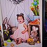 toddler, child, pink_dress, barefoot, easter_eggs, plush_bunny, wicker_basket, flowers, watering_can, wooden_crate, rustic_backdrop, floral_wreath, carrots, indoor, white_rug, smiling, decorations, spring, cute, portrait
