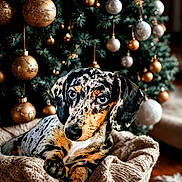 Neo is registered to the contest to win money with this photo: dachshund, puppy, dog, merle_coat, knitted_basket, christmas_tree, ornaments, golden_baubles, silver_baubles, festive, holiday, decorations, cozy, indoor, pet, cute, animal, portrait, warm_lighting, relaxing