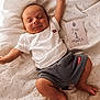 Elio a rejoint le concours — aidez-le/la à gagner de superbes lots ! arm, baby, bed, blanket, child, cute, face, gray_shorts, happy, infant, leg, levis, lying_down, milestone_card, newborn, one_month, polka_dot_bedding, skin, smiling, white_shirt