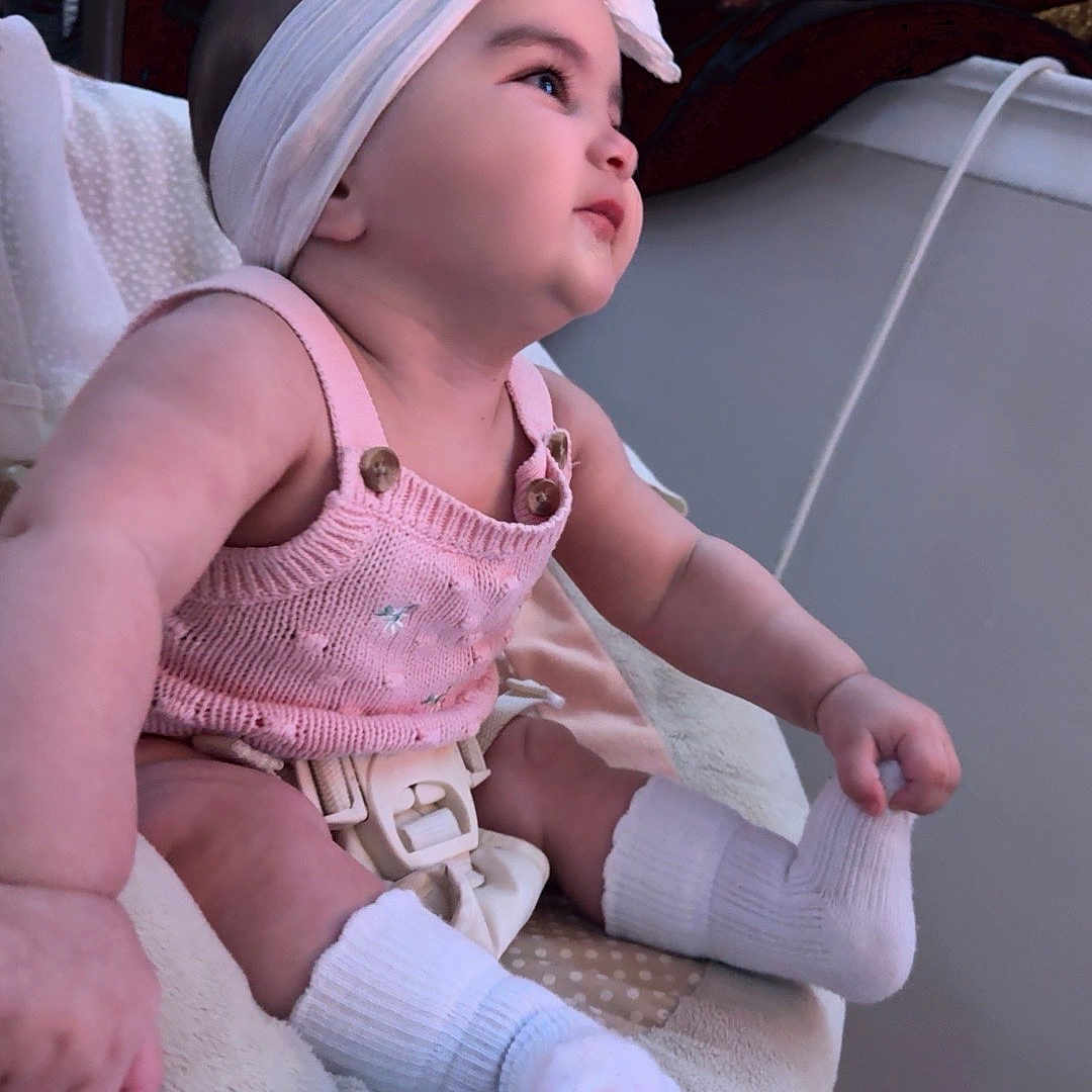 Ailannys joined the competition — help win amazing prizes! arms, baby, baby_seat, blanket, bow, child, cozy, face, headband, indoor, infant, knitted_clothing, legs, looking_up, pink_outfit, portrait, profile, sitting, soft_lighting, white_socks