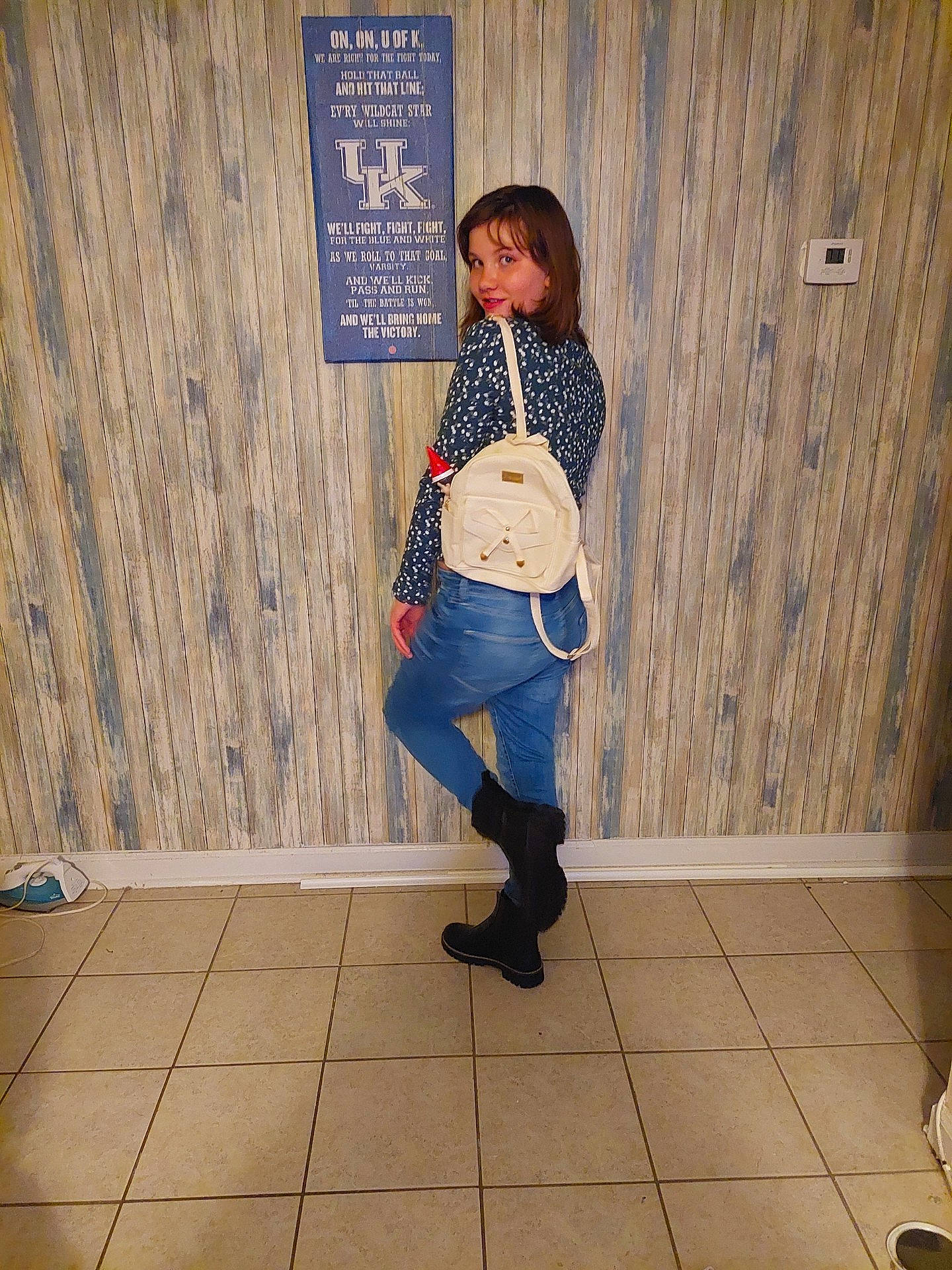 Lillian joined the competition — help win amazing prizes! bag, denim, electric_blue, eye, fashion_design, flooring, happy, hat, human_leg, joy, knee, leg, pattern, person, sleeve, standing, street_fashion, t_shirt, thigh, trunk