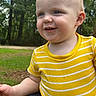 Alex joined the competition — help win amazing prizes! baby, child, smiling, yellow_shirt, striped_clothing, outdoor, forest, greenery, nature, happy, face, head, skin, person, toddler, short_sleeves, daylight, cute, holding, portrait