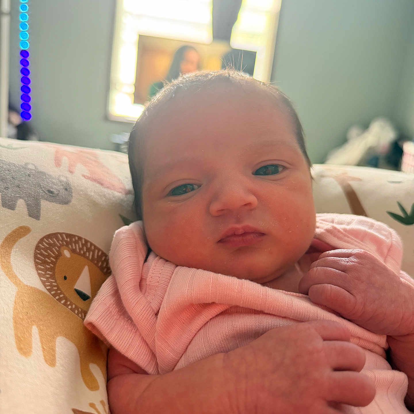 Amiylah joined the competition — help win amazing prizes! newborn, baby, infant, pink_clothing, pillow, animal_print, lion, face, hand, indoor, soft_light, portrait, cute, child, young, skin, expression, closeup, resting, sleepwear