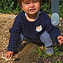 toddler, child, outdoor, sunlight, sweater, fox_patch, curious, nature, greenery, wood_chips, pants, shoes, crouching, baby, face, person, expression, daylight, garden, leaves