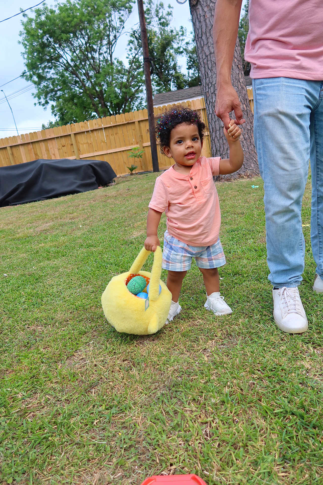 Isaiah joined the competition — help win amazing prizes! child, toddler, adult_hand, holding_hand, yellow_basket, colorful_balls, grass, lawn, outdoor, fence, tree, curly_hair, shorts, shirt, sneakers, daylight, playtime, summer, person, nature