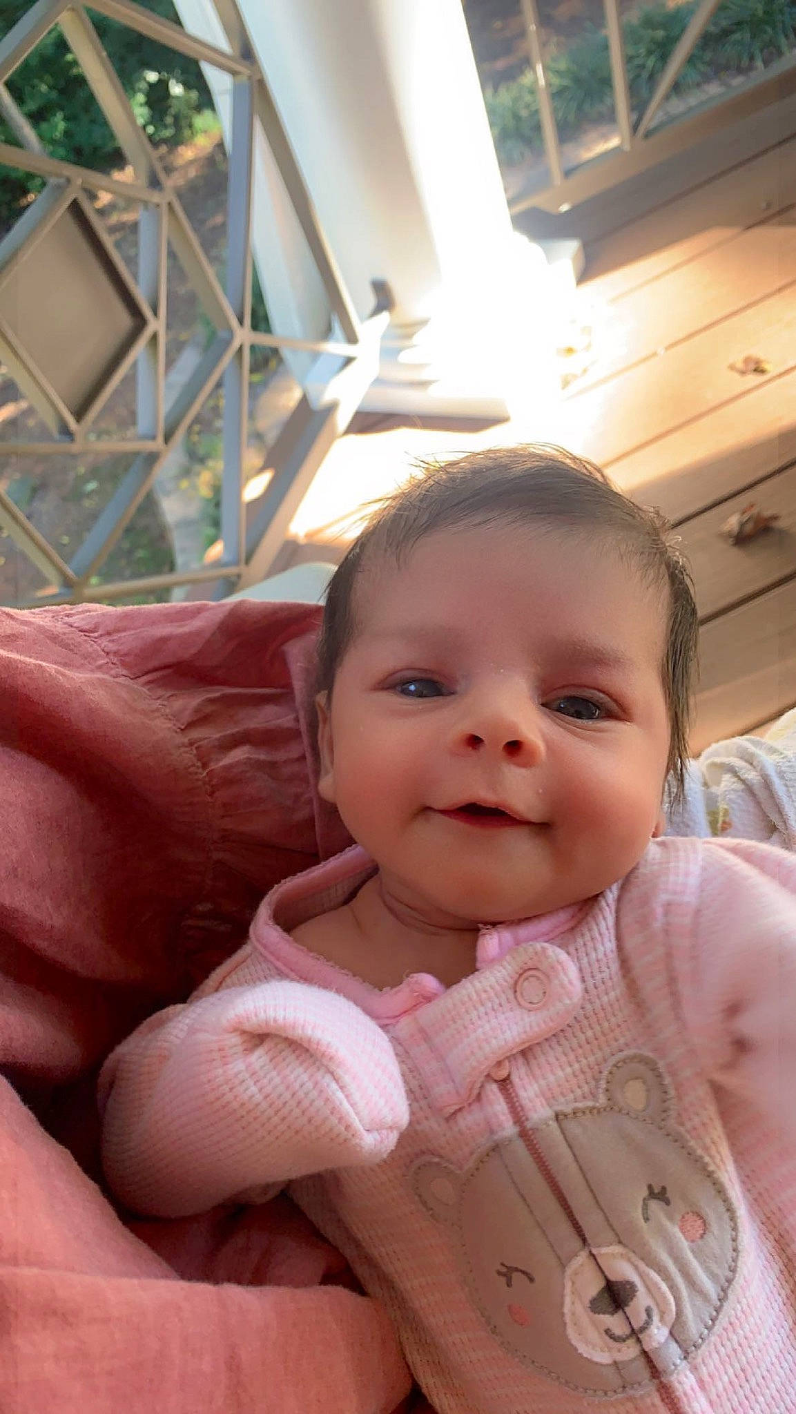 Scarlett joined the competition — help win amazing prizes! baby, baby_toddler_clothing, cheek, chin, comfort, eyebrow, eyelash, facial_expression, finger, gesture, hand, happy, iris, joy, lip, mouth, nose, person, plant, skin