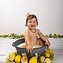 baby, child, smiling, milk_bath, metal_tub, lemons, fruit, flowers, greenery, white_background, wooden_floor, cute, playful, hair_bow, jewelry, bracelet, portrait, sitting, happy, indoors