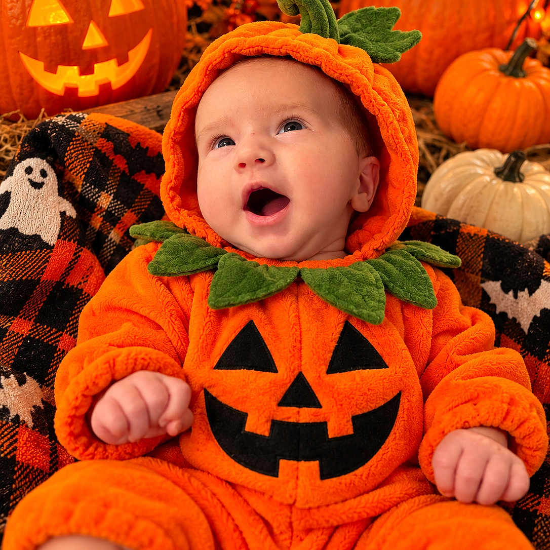 Maverick is registered to the contest to win money with this photo: baby, child, infant, pumpkin_costume, halloween, jack_o_lantern, autumn, orange, costume, portrait, sitting, smiling, surprised, face, indoor, blanket, plaid, festive, seasonal, cozy