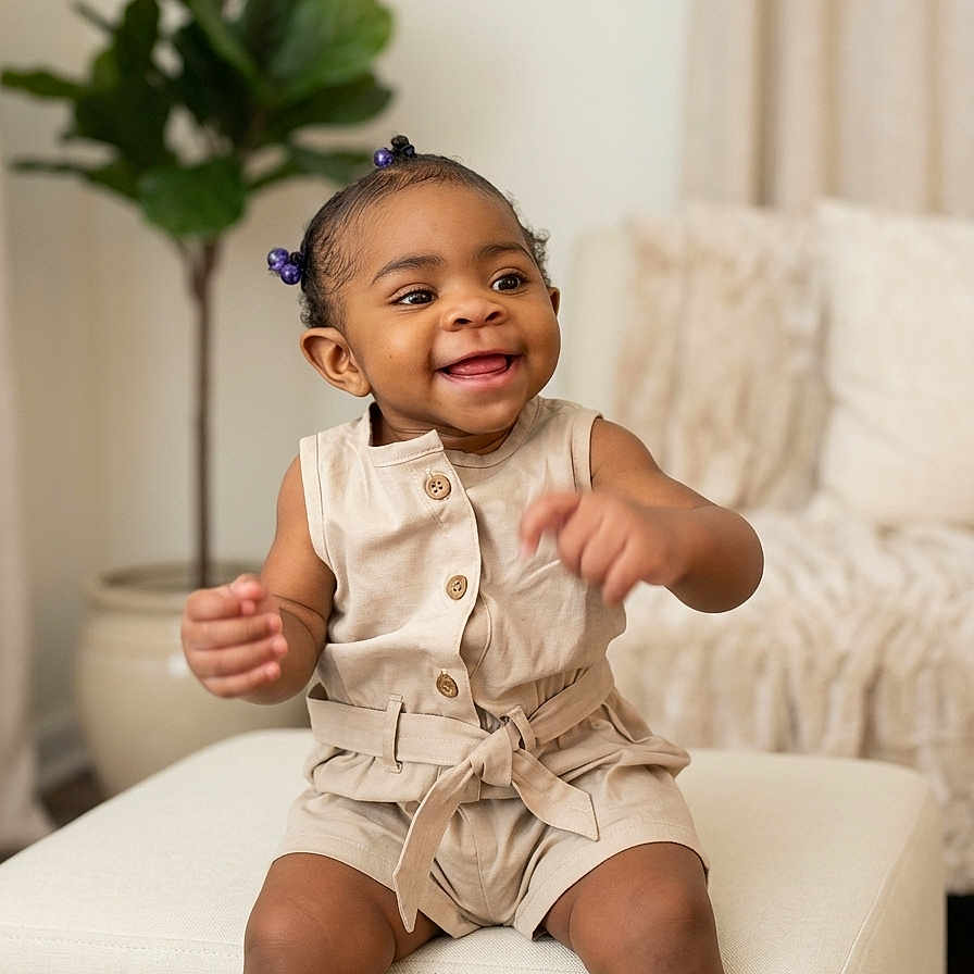 Paisley joined the competition — help win amazing prizes! toddler, child, smiling, sitting, beads, romper, buttoned_clothing, belt, indoor, living_room, plant, greenery, furniture, ottoman, neutral_colors, happy, person, portrait, cute, home_decor