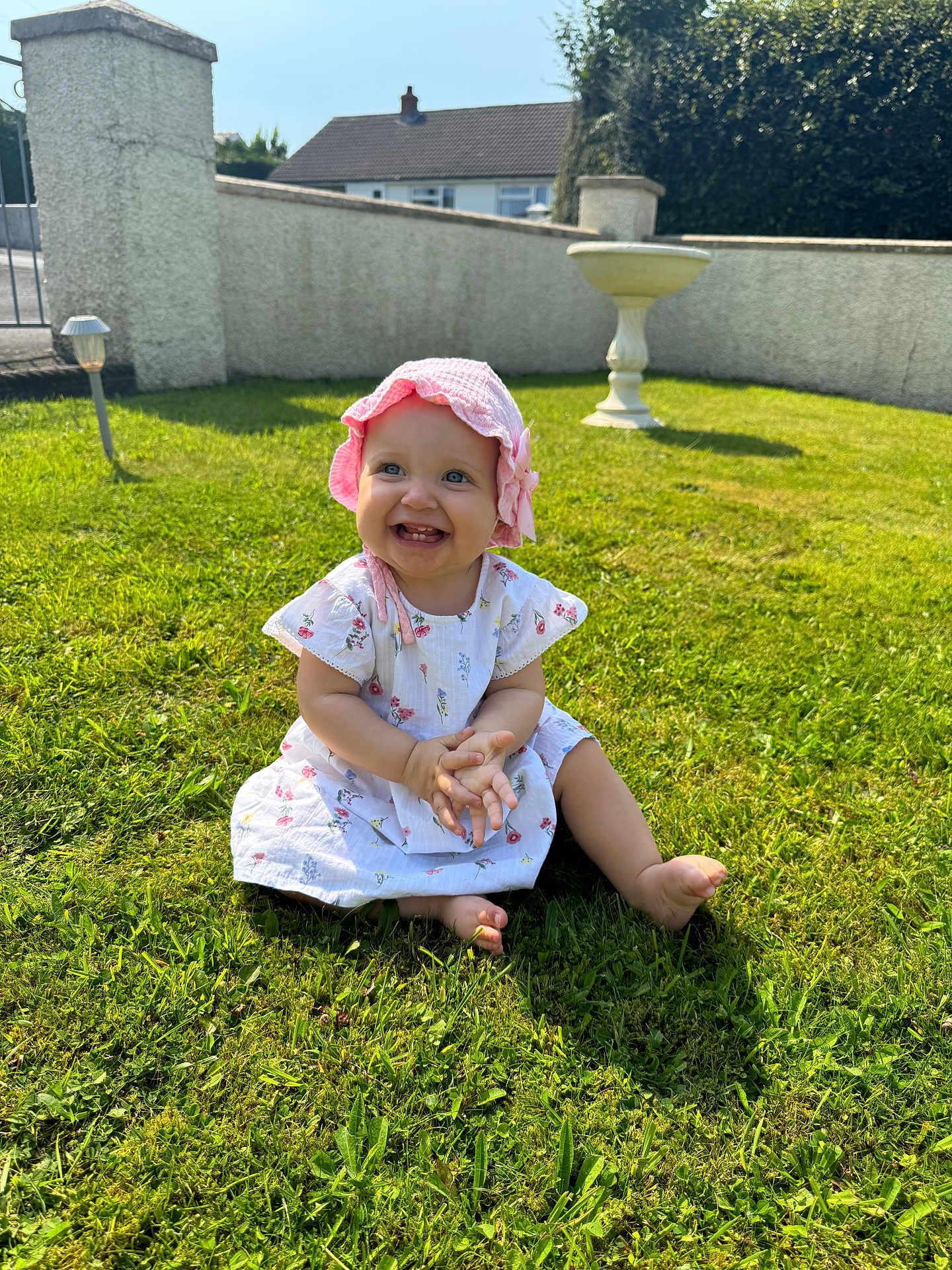 Mila is registered to the contest to win money with this photo: baby, child, smiling, grass, outdoor, sunlight, pink_hat, white_dress, happy, clapping, garden, nature, summer, cute, sitting, footwearless, greenery, daytime, wall, residential