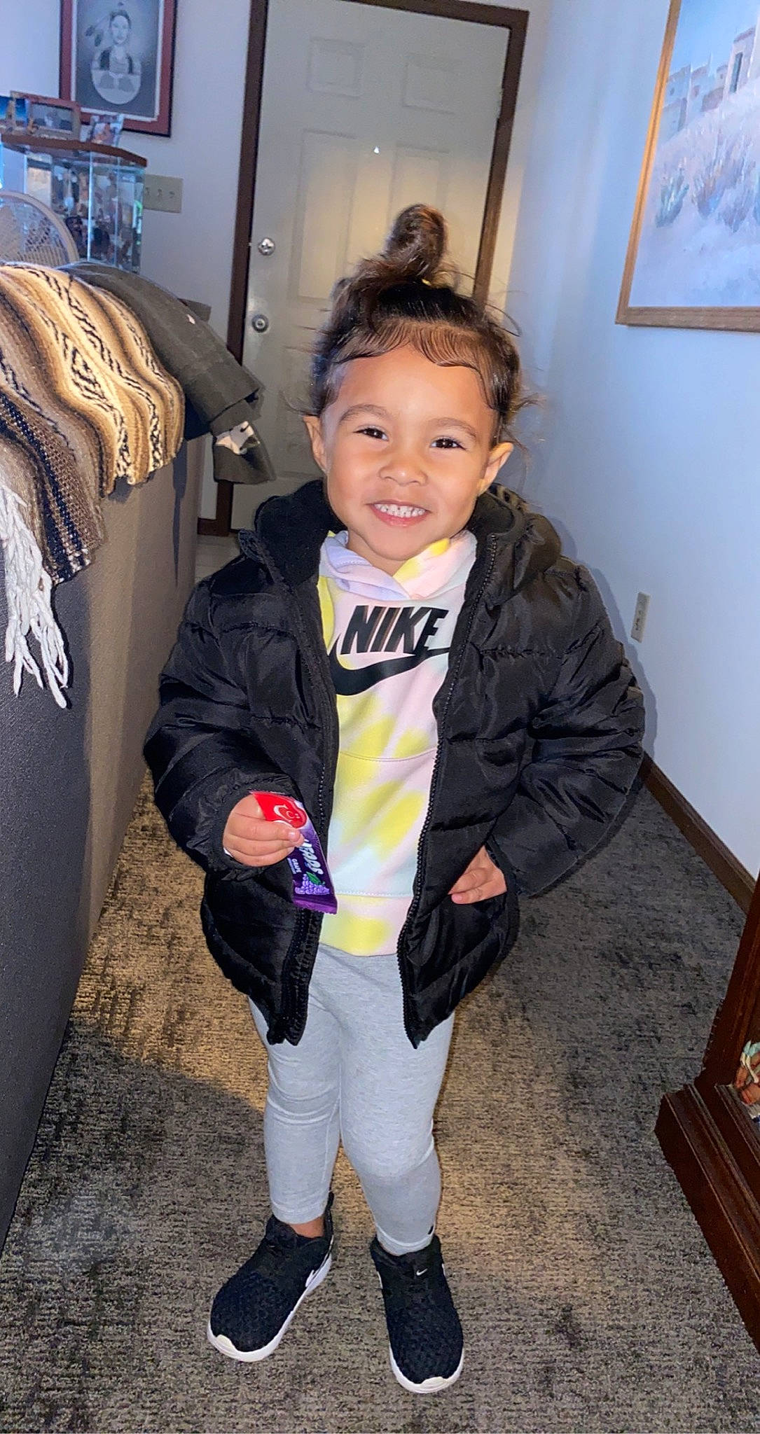 Nevaeh joined the competition — help win amazing prizes! child, cool, flooring, formal_wear, fun, fur, glove, happy, head, jacket, joy, outerwear, person, personal_protective_equipment, picture_frame, product, shoe, sleeve, smile, sock