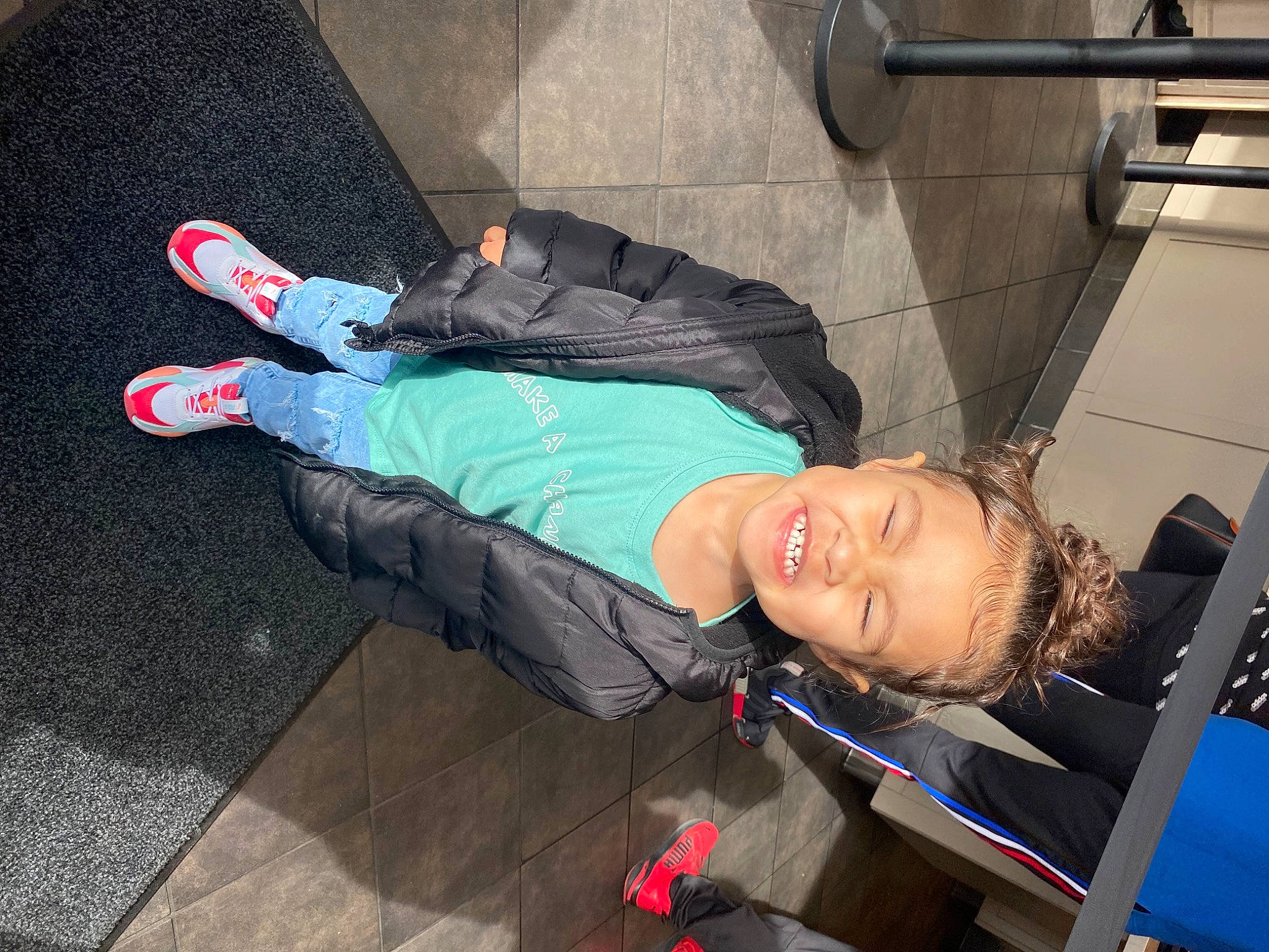 Nevaeh joined the competition — help win amazing prizes! asphalt, bag, carmine, comfort, concrete, electric_blue, fun, human_leg, leisure, person, recreation, road_surface, sidewalk, sitting, smile, travel, walking_shoe