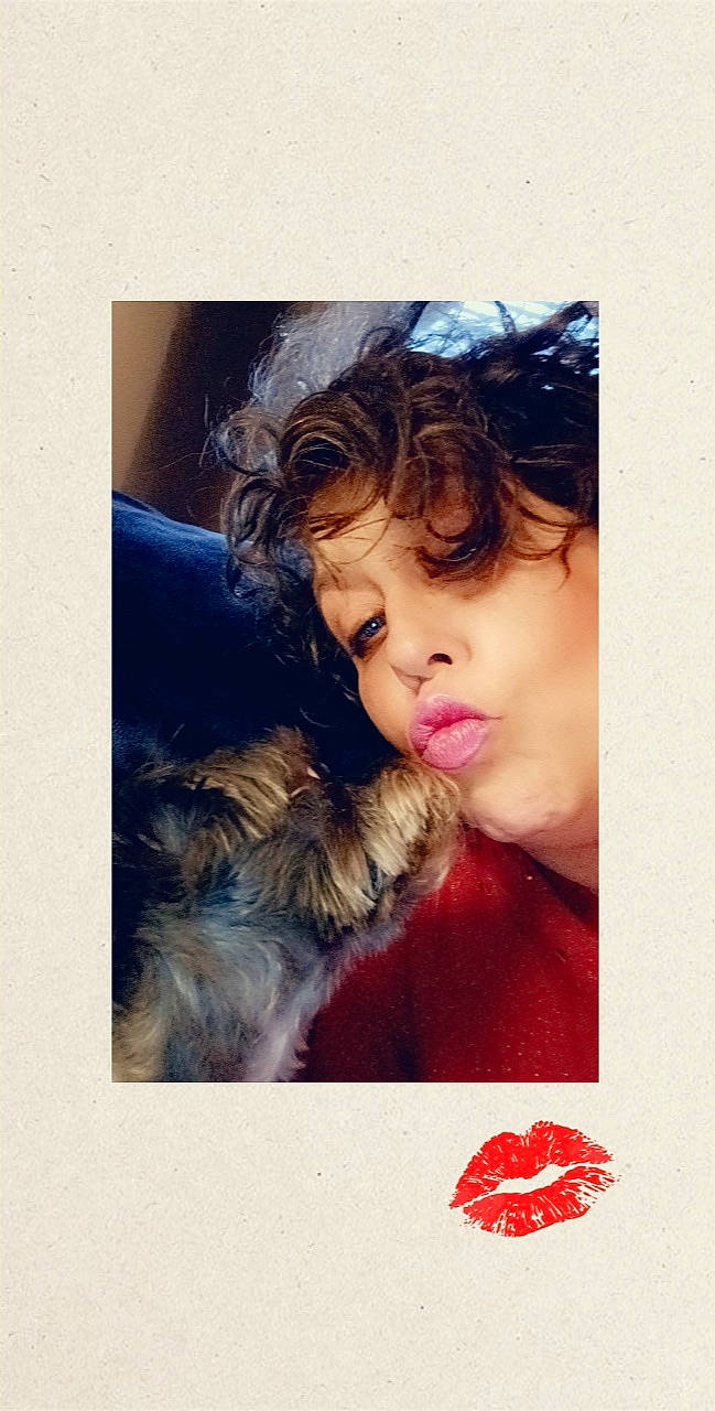 Scout joined the competition — help win amazing prizes! bangs, black_hair, blond, brown_hair, carnivore, companion_dog, dog, eyelash, fashion_accessory, fawn, fur, gesture, hair, happy, liver, long_hair, magenta, selfie, toddler, toy_dog