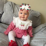 Eliza-Jane is registered to the contest to win money with this photo: baby, blanket, child, clothing, cozy, cute, dress, happy, headband, indoor, infant, person, plaid, portrait, red_shoes, sitting, smiling, soft, strawberry, tights