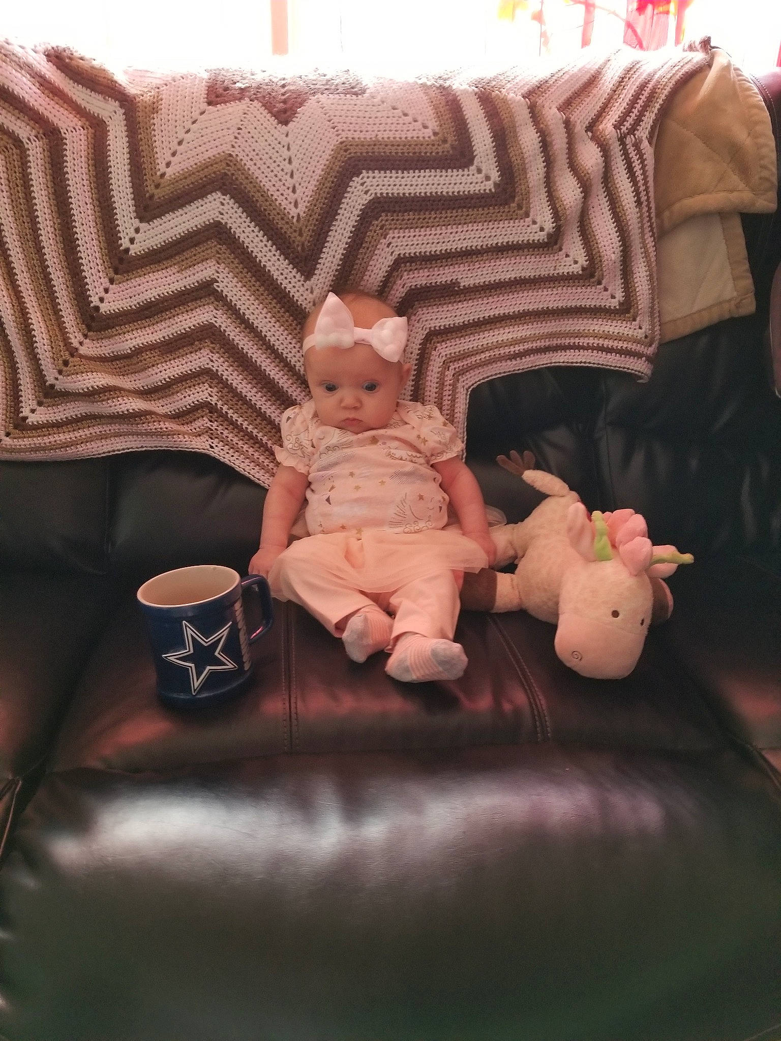 Payton joined the competition — help win amazing prizes! baby, child, couch, fictional_character, furniture, interior_design, linens, person, pink, play, sitting, textile, toddler, toy