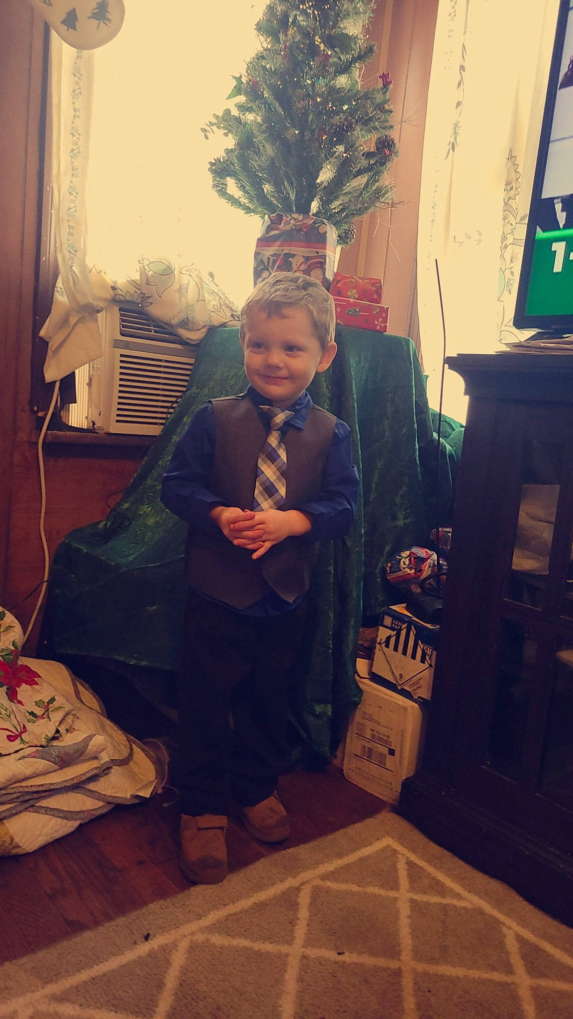 Carson joined the competition — help win amazing prizes! bag, box, child, door, fun, happy, houseplant, joy, person, personal_protective_equipment, plant, room, selfie, sitting, square, t_shirt, tints_and_shades, toddler, tree, vintage_clothing