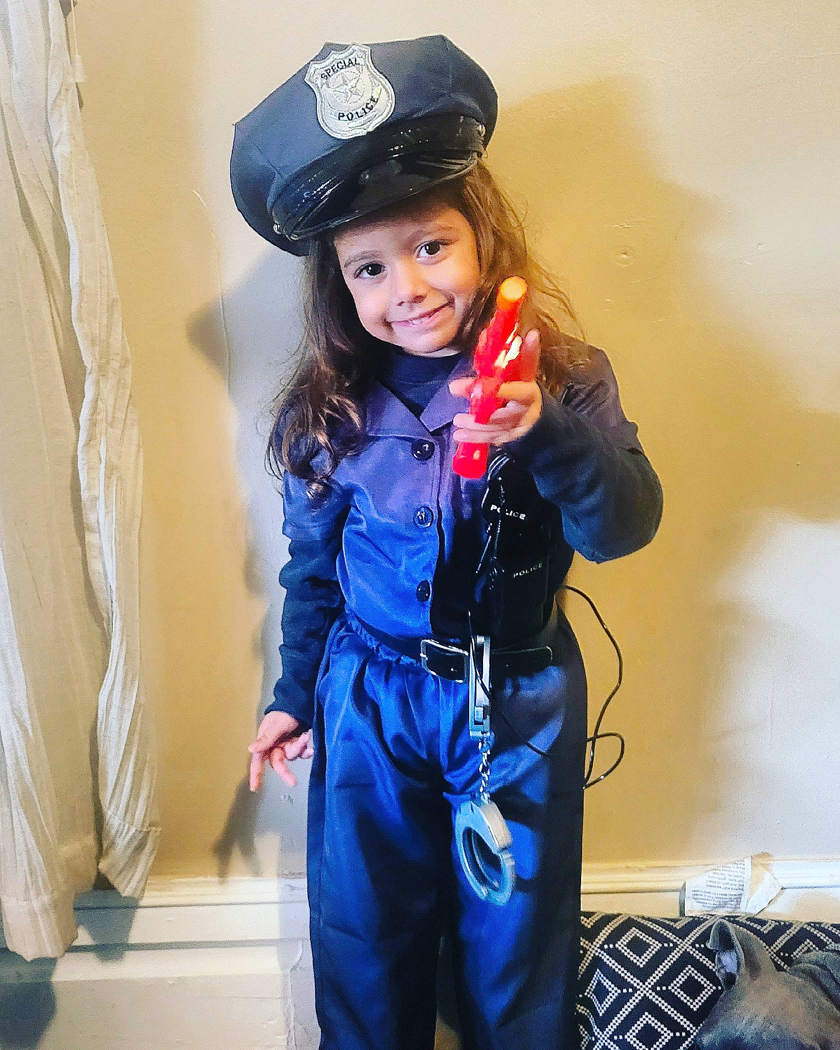 Aleigha is registered to the contest to win money with this photo: belt, cap, costume_hat, denim, dress, electric_blue, face, fashion_accessory, fashion_design, formal_wear, glove, happy, hat, headwear, joy, long_hair, outerwear, person, personal_protective_equipment, purple