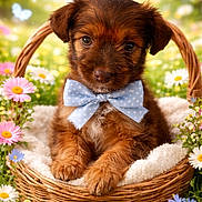 Lacie is registered to the contest to win money with this photo: puppy, dog, bow_tie, wicker_basket, flowers, meadow, grass, butterfly, cute, fluffy, brown, polka_dot, blue, soft_blanket, outdoor, spring, nature, animal, portrait, close_up