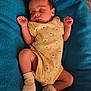 Vincent is registered to the contest to win money with this photo: baby, sleeping, onesie, yellow_clothing, bear_pattern, socks, blue_blanket, infant, cute, peaceful, cozy, newborn, child, soft_texture, hands, legs, portrait, indoor, rest, comfort