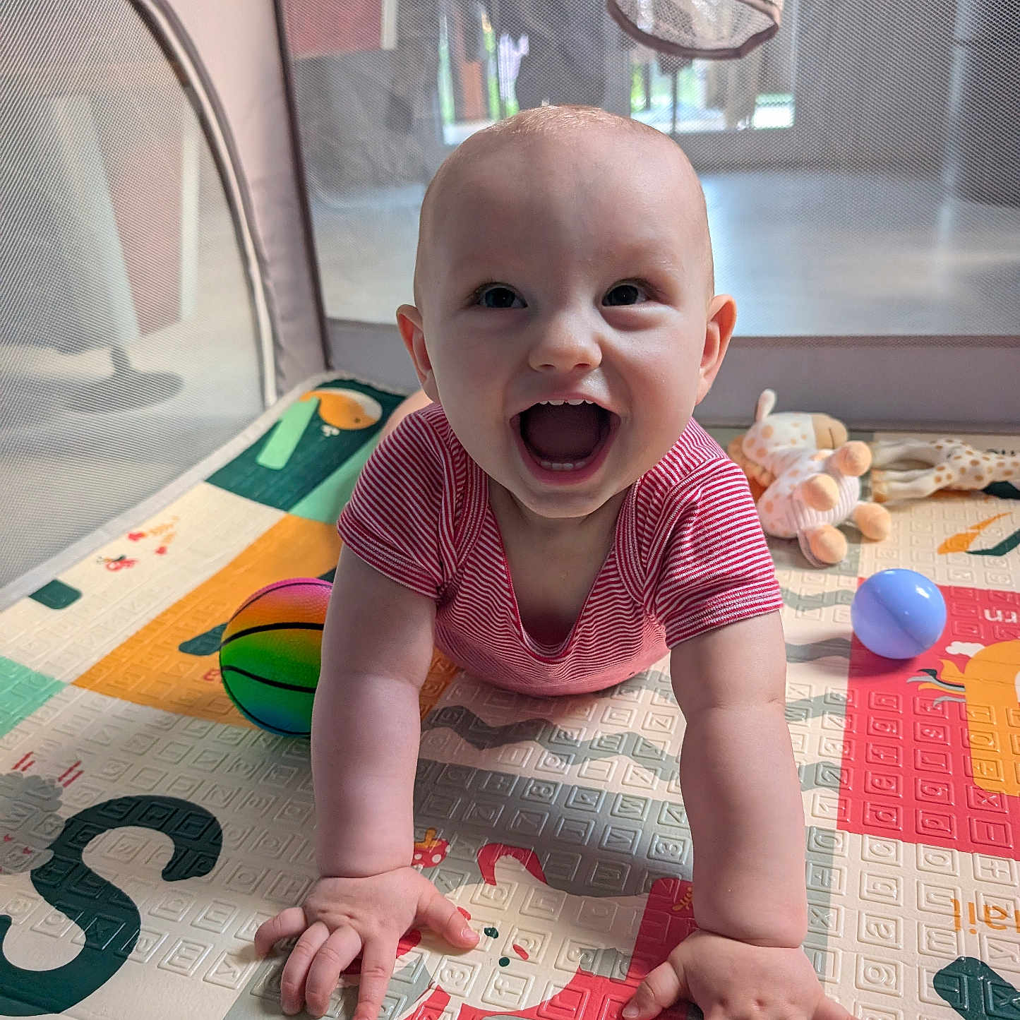 Tao participe au concours pour gagner de l'argent avec cette photo : applique, baby, babycrawling, ball, basketball, basketballball, bodypart, crawling, face, finger, hand, happy, head, mat, pattern, person, photography, portrait, sphere, sport