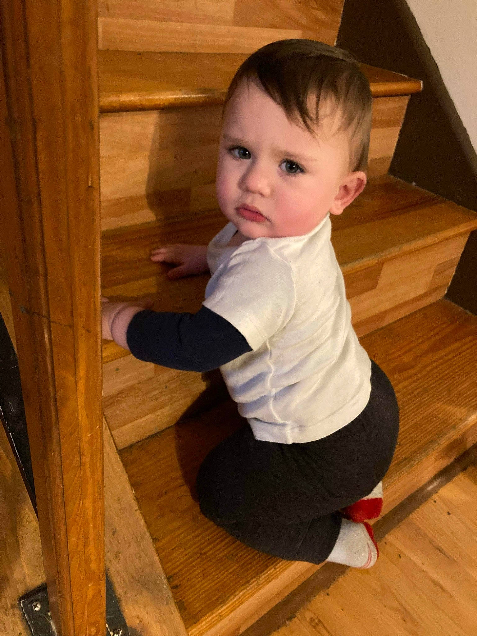 Bennett joined the competition — help win amazing prizes! baby_toddler_clothing, cheek, child, comfort, elbow, floor, flooring, hardwood, laminate_flooring, person, plank, room, sitting, sleeve, stairs, t_shirt, toddler, varnish, wood, wood_flooring