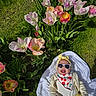 baby, tulips, grass, sunglasses, headband, blanket, smile, outdoor, flower_bed, yellow_clothing, spring, nature, happy, child, greenery, sunlight, cute, infant, playful, colorful