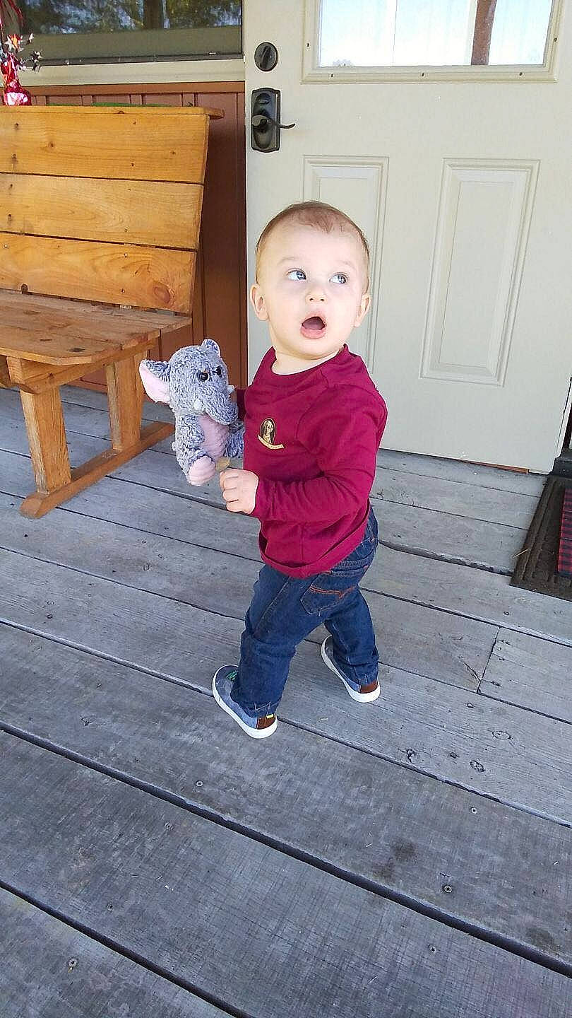 Grayson joined the competition — help win amazing prizes! baby, child, jeans, person, play, smile, standing, surprise, toddler, vacation, wood