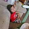 child, red_shirt, camo_shorts, couch, carpet, living_room, kitchen, baby_swing, remote_control, furniture, person, indoor, home, floor, curious, long_hair, casual_clothing, seated, household, daylight