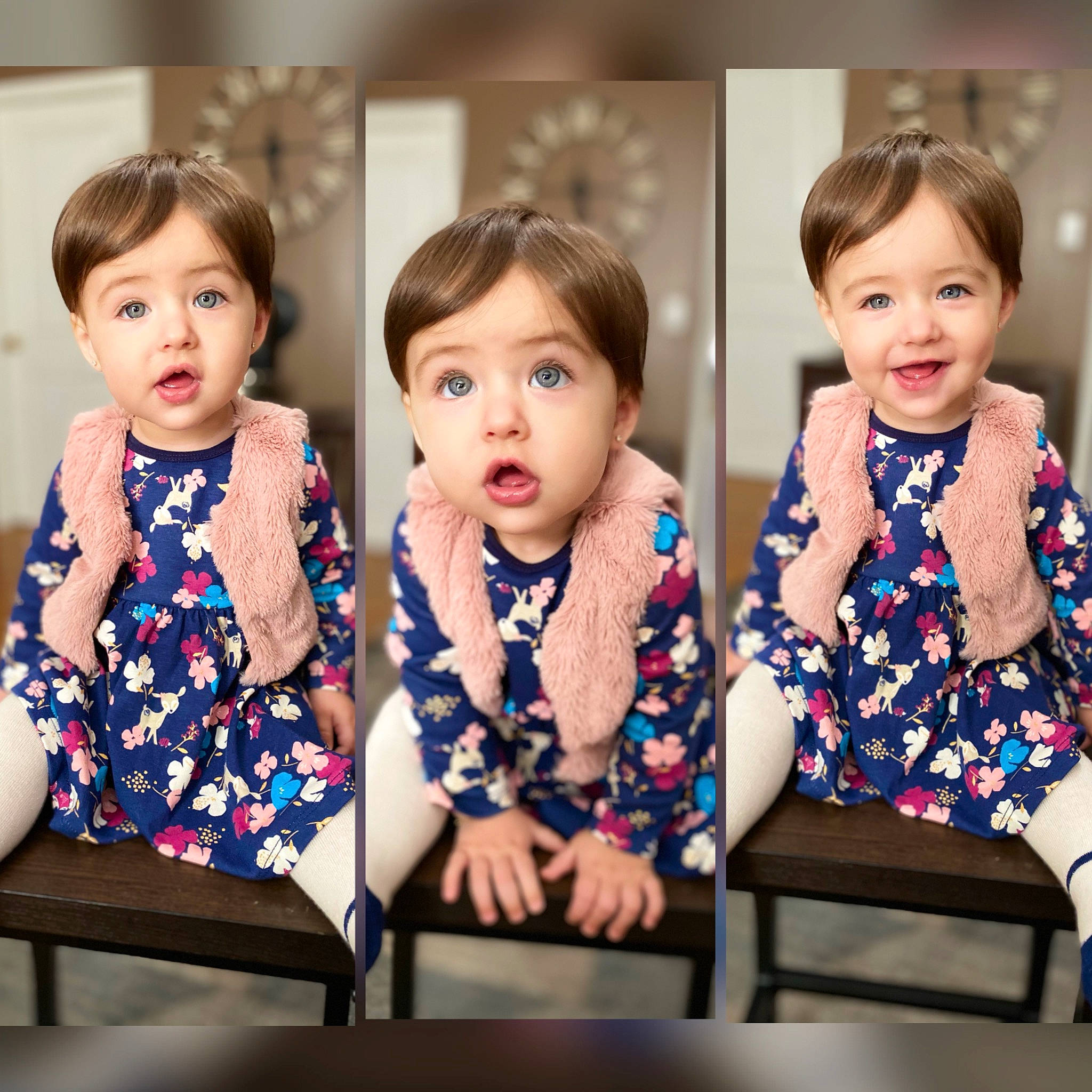 Everleigh Rose is registered to the contest to win money with this photo: baby_toddler_clothing, chair, collar, dress, event, face, happy, human_body, joy, leisure, outerwear, pattern, person, photograph, rectangle, sharing, shirt, sitting, sleeve, snapshot