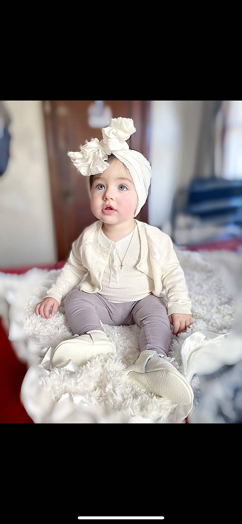 Everleigh Rose is registered to the contest to win money with this photo: baby, baby_toddler_clothing, cap, dress, embellishment, event, eye, flash_photography, hair_accessory, happy, headband, headpiece, headwear, human_body, iris, jewellery, peach, person, pink, purple
