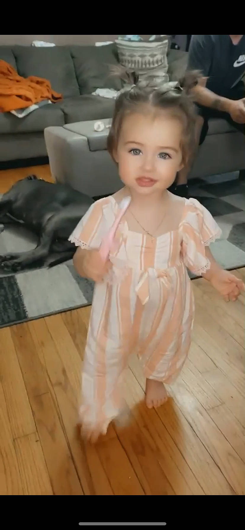 Everleigh Rose joined the competition — help win amazing prizes! baby_toddler_clothing, cheek, chin, dress, eye, eyebrow, face, floor, flooring, hair, hairstyle, happy, hardwood, head, iris, neck, person, skin, smile, white