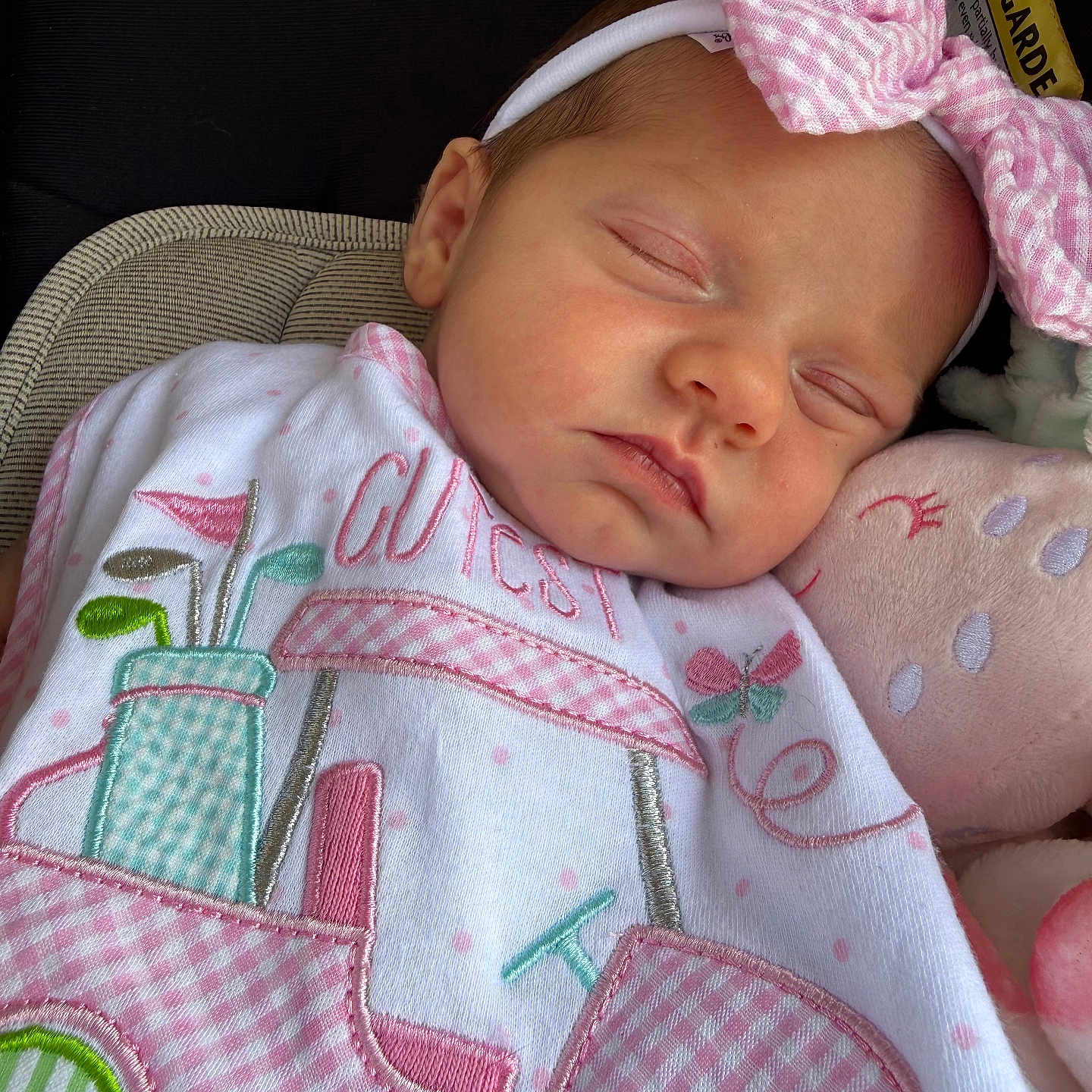 Sutton joined the competition — help win amazing prizes! baby, sleeping, headband, pink_bow, plush_toy, embroidery, clothing, infant, face, closeup, cute, soft, peaceful, child, resting, newborn, textile, pattern, car, toy