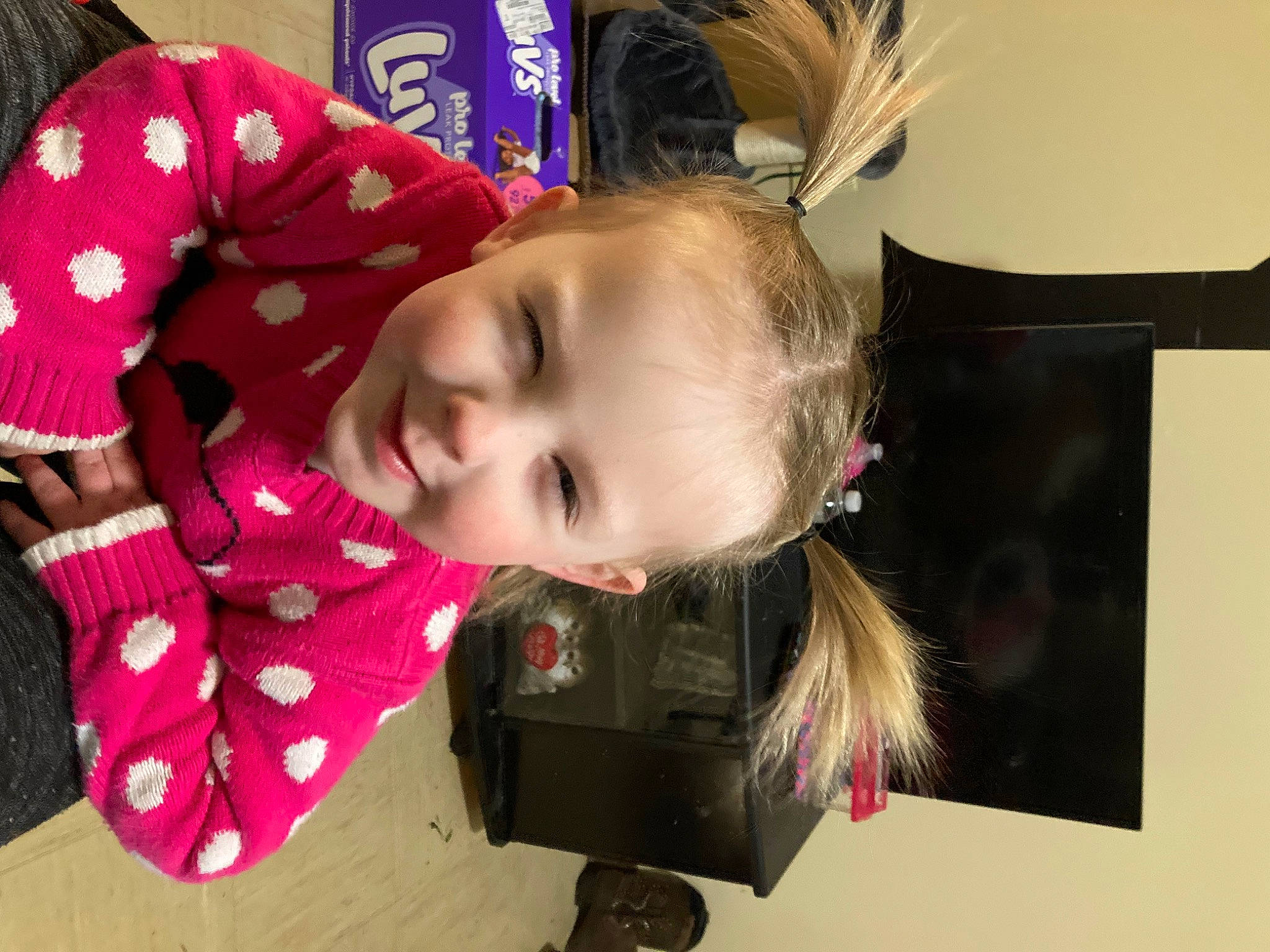 Adriana joined the competition — help win amazing prizes! baby, baby_toddler_clothing, carmine, child, event, facial_expression, fun, happy, head, holiday, human_body, joy, outerwear, pattern, person, pink, room, sleeve, smile, suit