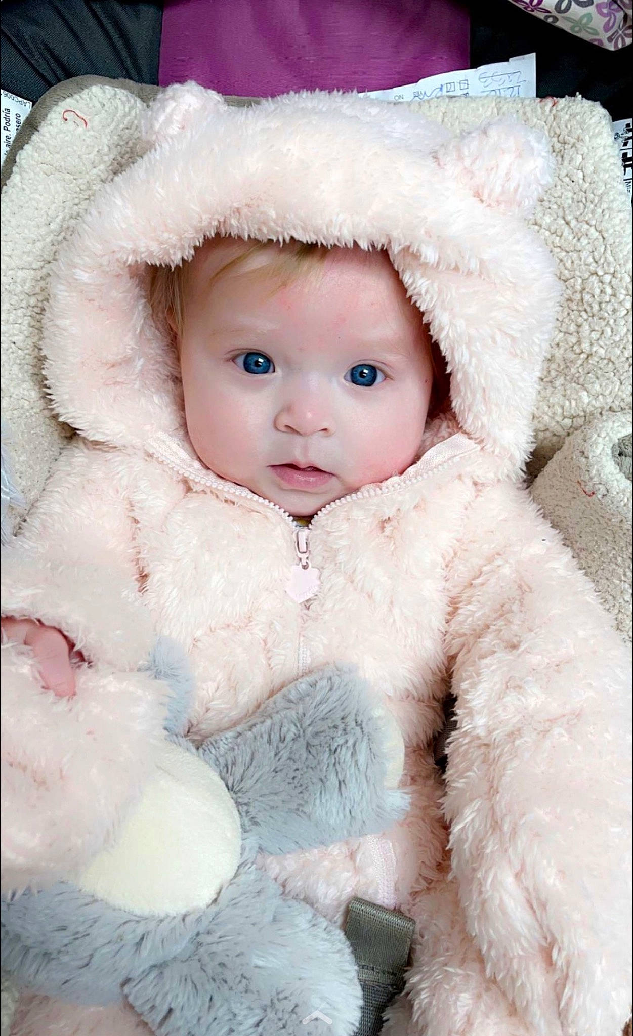 Kylie Mae is registered to the contest to win money with this photo: baby, baby_toddler_clothing, cap, cheek, child, eyelash, fur, fur_clothing, headgear, headwear, iris, lip, outerwear, parka, person, pink, skin, sleeve, toddler, white