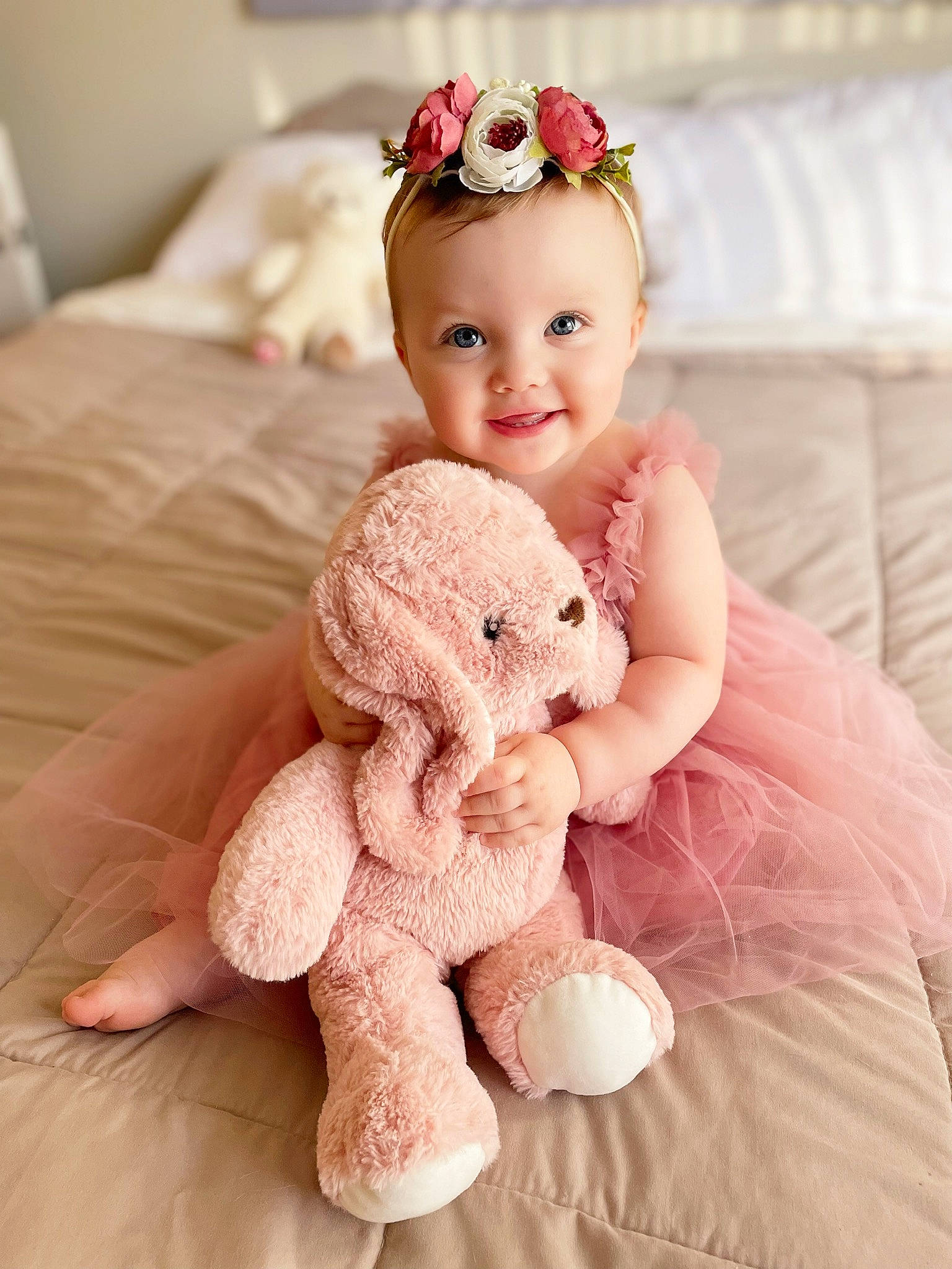 Lauren joined the competition — help win amazing prizes! baby_toddler_clothing, brown_hair, child, dress, eyelash, fawn, happy, head, headband, headpiece, jewellery, joy, pattern, peach, person, pink, skin, sleeve, smile, textile
