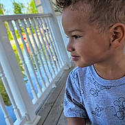 Zehri is registered to the contest to win money with this photo: child, curly_hair, porch, wooden_floor, railing, water, outdoor, daylight, casual_clothing, mickey_mouse, side_view, young_boy, hand, thoughtful, smiling, blue_sky, nature, trees, summer, relaxed