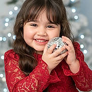 Scarlett joined the competition — help win amazing prizes! child, girl, smiling, red_dress, lace, long_hair, christmas_tree, ornament, disco_ball, holiday, celebration, festive, happy, portrait, indoors, decoration, seasonal, cute, young, joyful