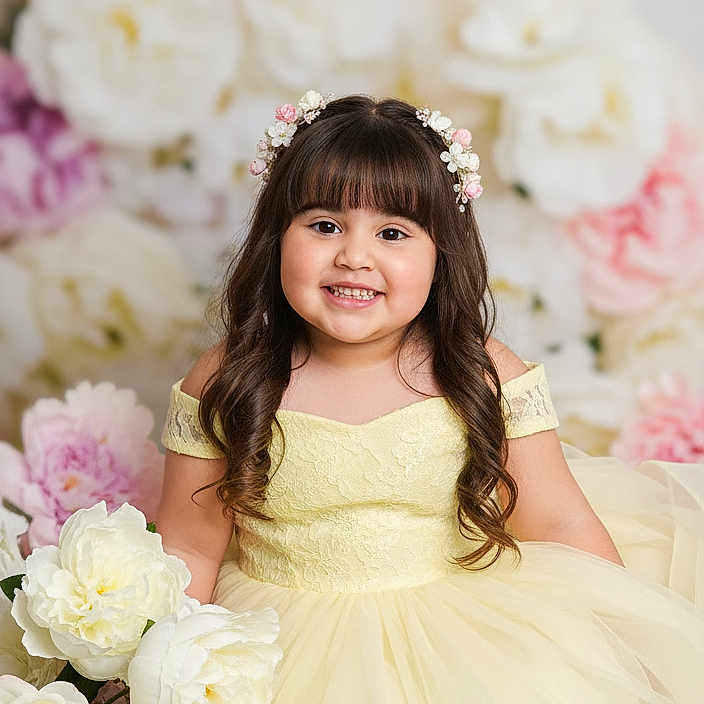 Scarlett joined the competition — help win amazing prizes! beauty, child, childhood, cute, dress, floral_headband, flower_arrangement, flower_garden, flowers, girl, happy, innocence, long_hair, pastel_colors, portrait, posing, smile, soft_lighting, spring, yellow_dress
