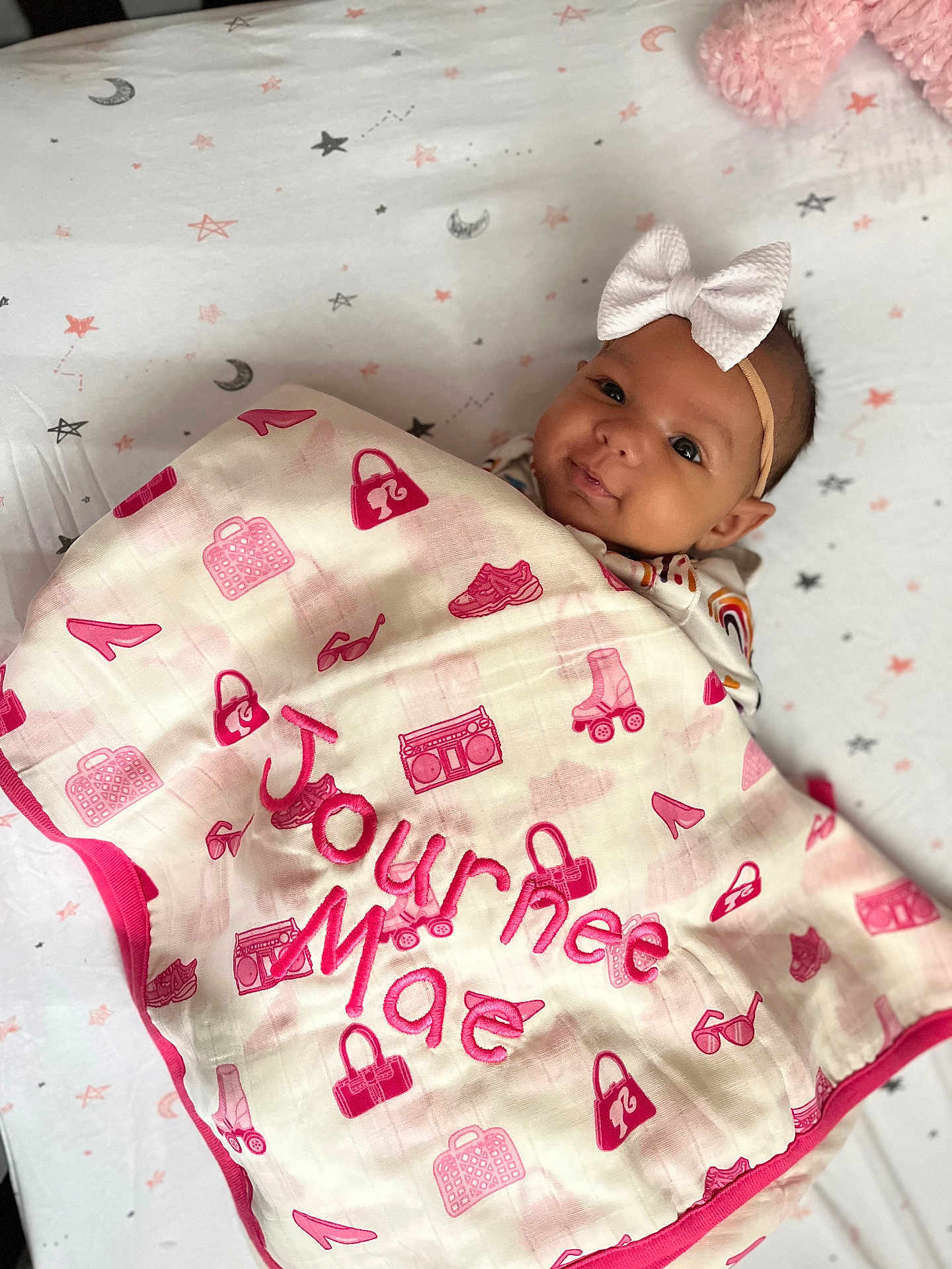 Journee joined the competition — help win amazing prizes! baby, blanket, crib, face, furniture, head, infantbed, person, quilt