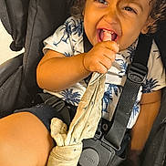 Usman participe au concours pour gagner de l'argent avec cette photo : baby, black_harness, candid, child, closeup, cloth_toy, curly_hair, cute, grip, happy, indoors, palm_tree, pattern, playful, seat, shirt, shorts, smiling, stroller, toddler