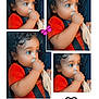 baby, blue_eyes, butterfly, car_seat, child, closeup, collage, curly_hair, cute, cute_baby, expression, heart_doodle, holding_cloth, indoor, infant, orange_shirt, person, portrait, seatbelt, toddler