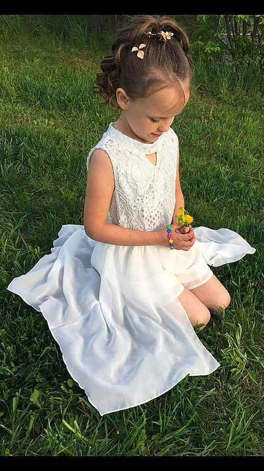 Jillian joined the competition — help win amazing prizes! baby_toddler_clothing, child, dress, flower_girl, grass, pattern, person, toddler, wedding_ceremony_supply