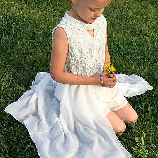 Jillian joined the competition — help win amazing prizes! baby_toddler_clothing, child, dress, flower_girl, grass, pattern, person, toddler, wedding_ceremony_supply